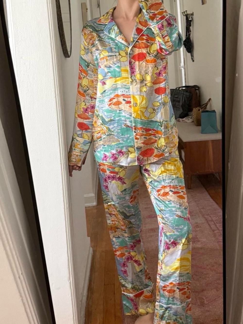 Women's Multi-Color Printed Satin Pajama Set - Button-Front Sleep Shirt & Pants
